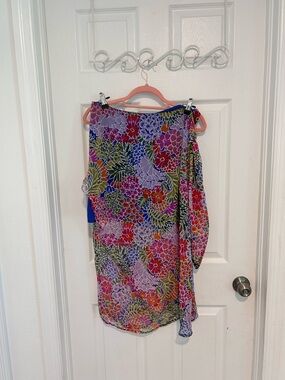 BTFL-life Blue Skirt w Floral Multicolor with Sheer Overlay Tie on Side L